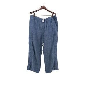 LL Bean Premium Linen Utility Pants Brgt Mariner‎ Blue Wide Leg Mid Rise 18P NEW